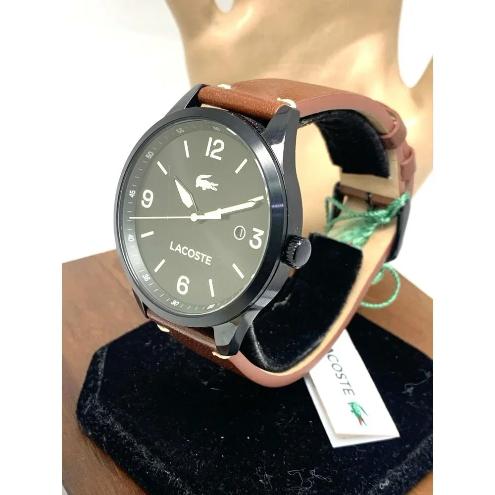 Lacoste Men's Watch 2011106 Traveler Quartz Black Dial Brown Leather Band 43mm